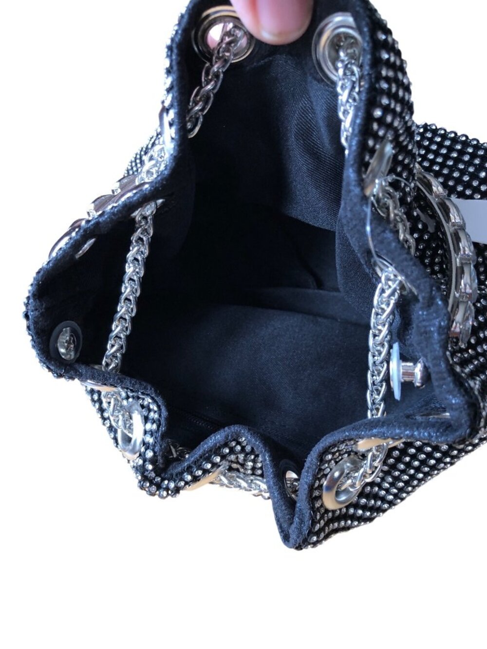 Black Rhinestone Bucket Bag Chain Handle Crossbody Strap Evening Formal Purse - Picture 11 of 11